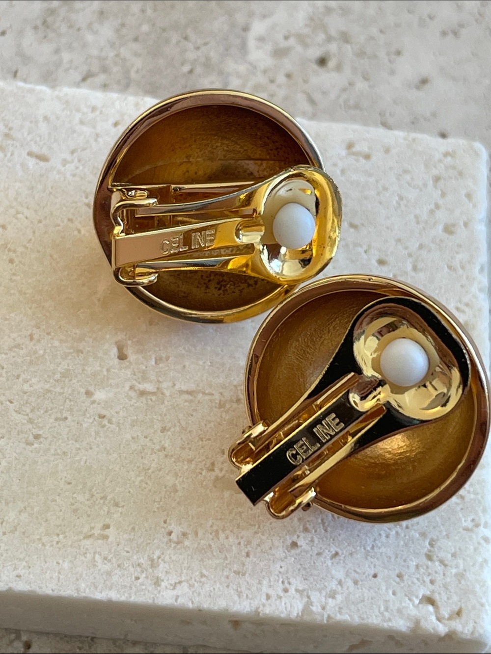 Celine Hammered Dome Logo Gold Clip-On Earrings - Picture 5 of 5